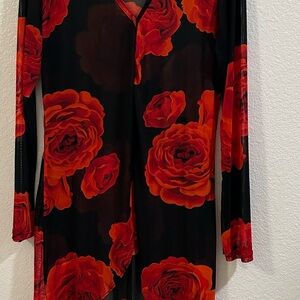 Fitted Red and Black Floral Long Sleeve Bodysuit